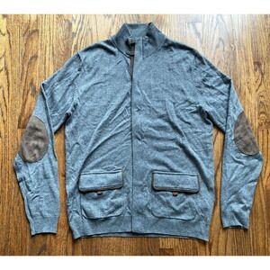 Massimo Dutti Cardigan Sweater Mens Medium Gray Cashmere Wool Silk Elbow Patch